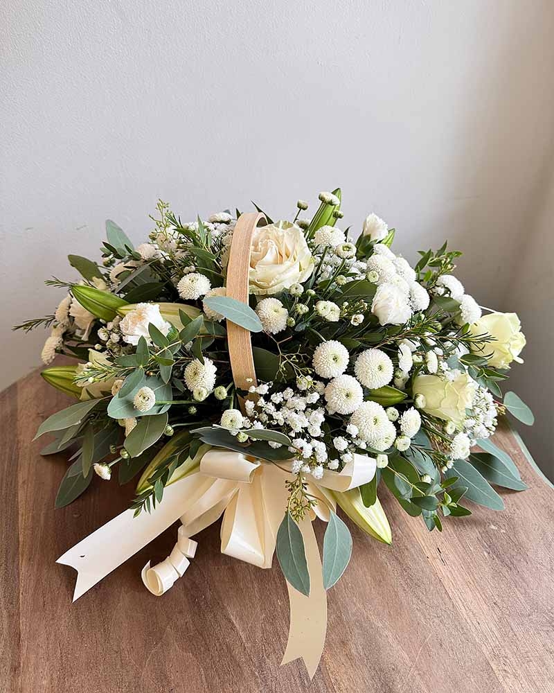 All White Basket Flower Arrangement