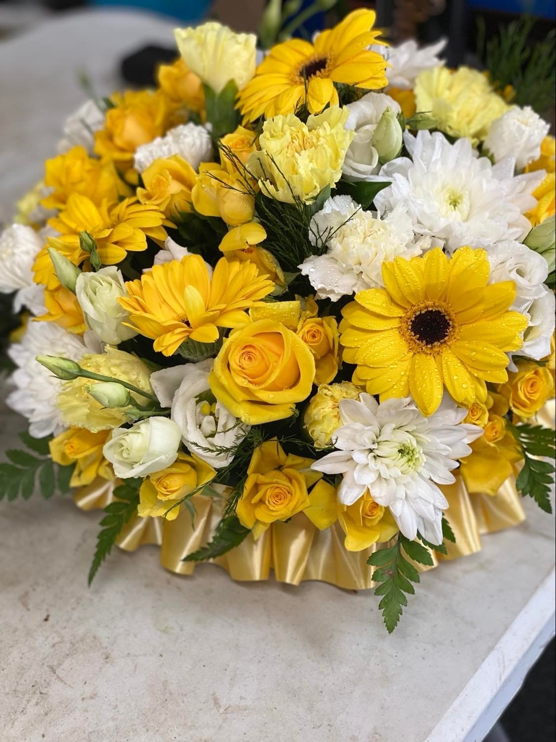 Yellow and White Posy Funeral Arrangement