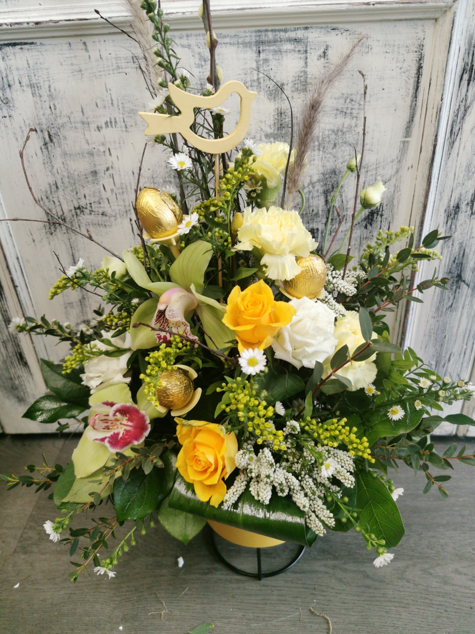 Yellow and White Arrangement with Chocolate Eggs Flower Arrangement