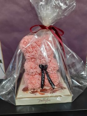 Pink Rose Bear with Chocolate Flower Arrangement