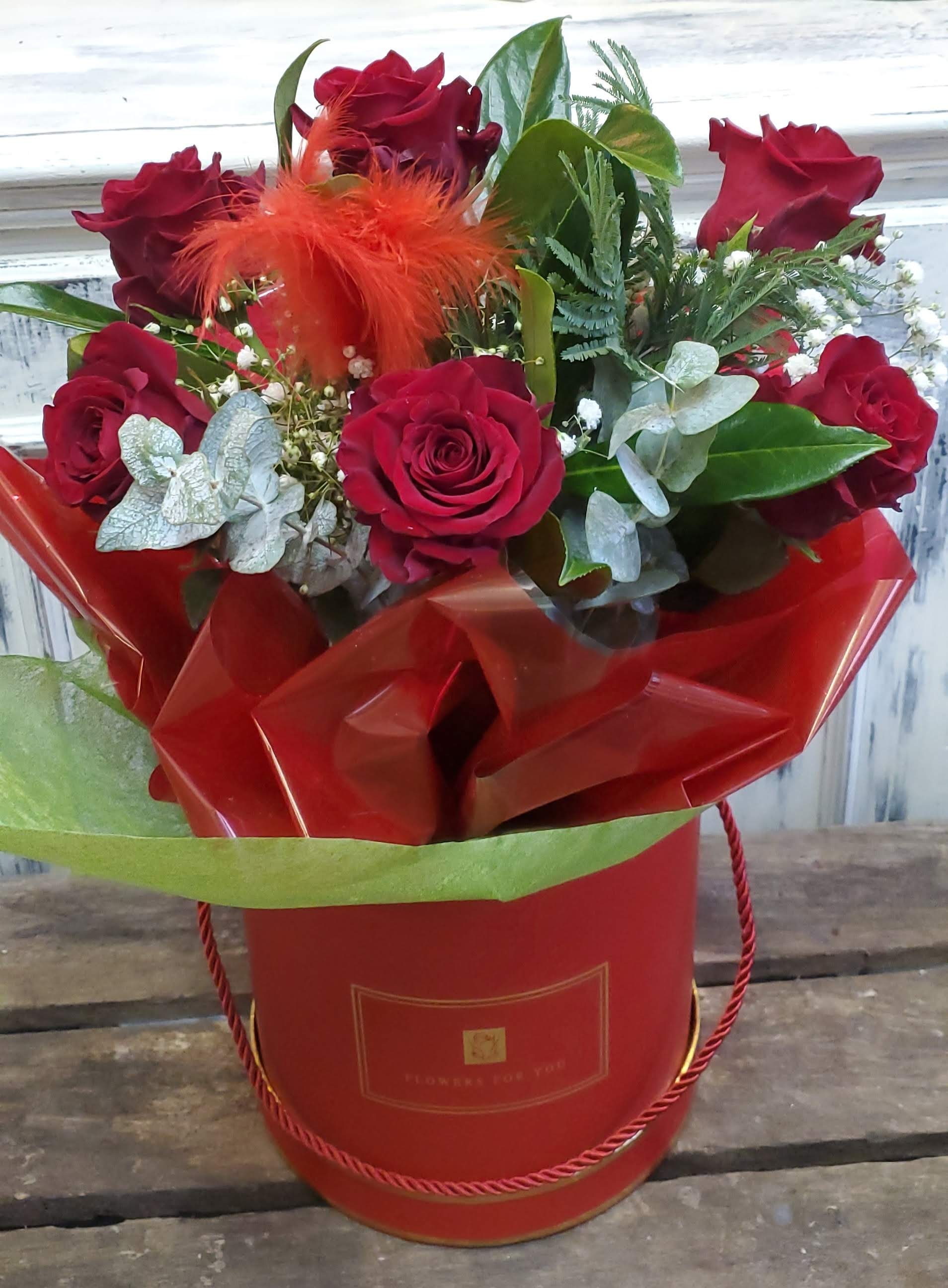 Luxury Valentines Red Rose Hat Box. Flower Arrangement