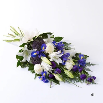 Blue and White Tied Sheaf Funeral Arrangement
