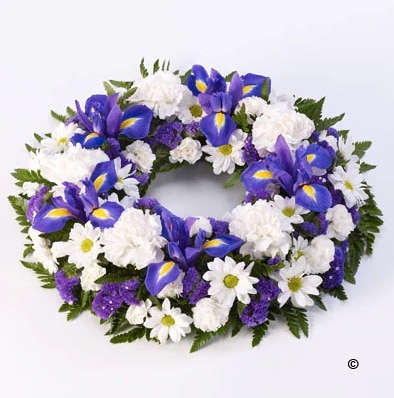 Blue and White Wreath Funeral Arrangement