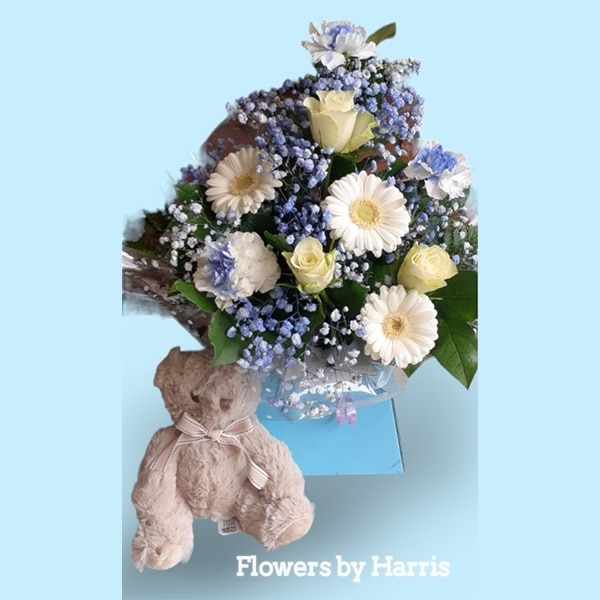 Baby Boy Box & Bear Flower Arrangement