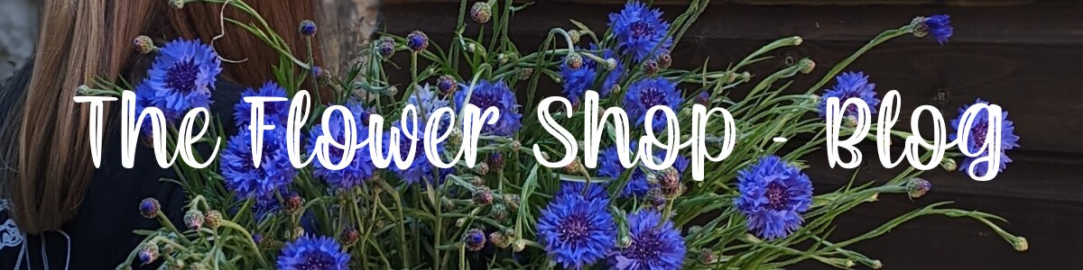 The Flower Shop Blog text over some blue flowers