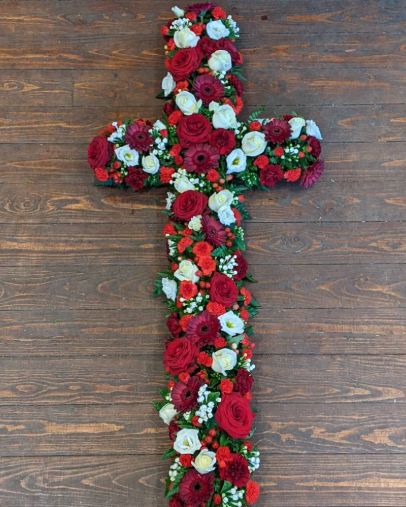 Red and White Cross Funeral Arrangement
