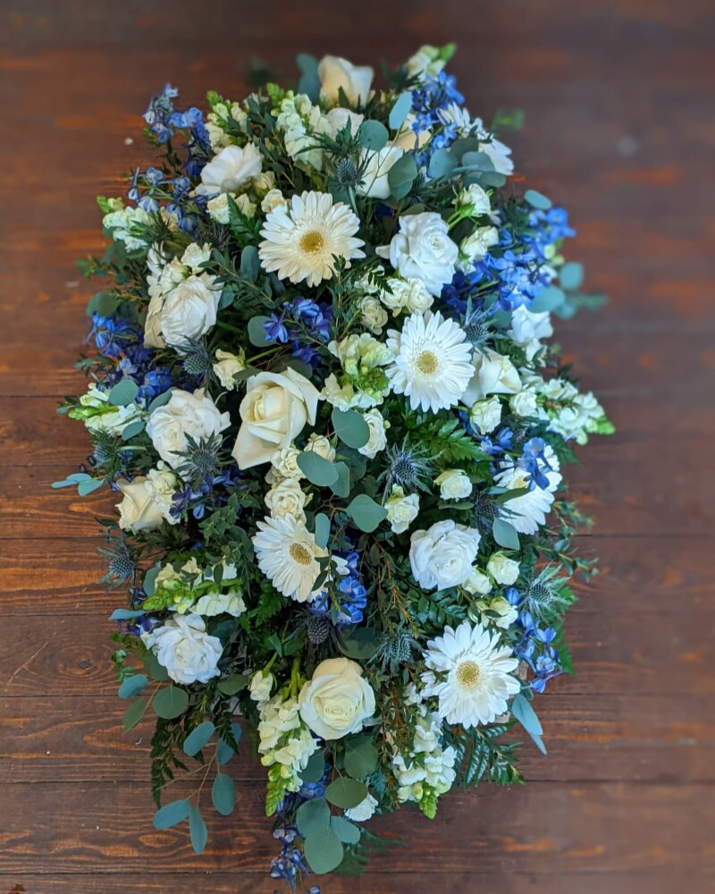 Blue and White Casket Spray Funeral Casket Spray Flowers