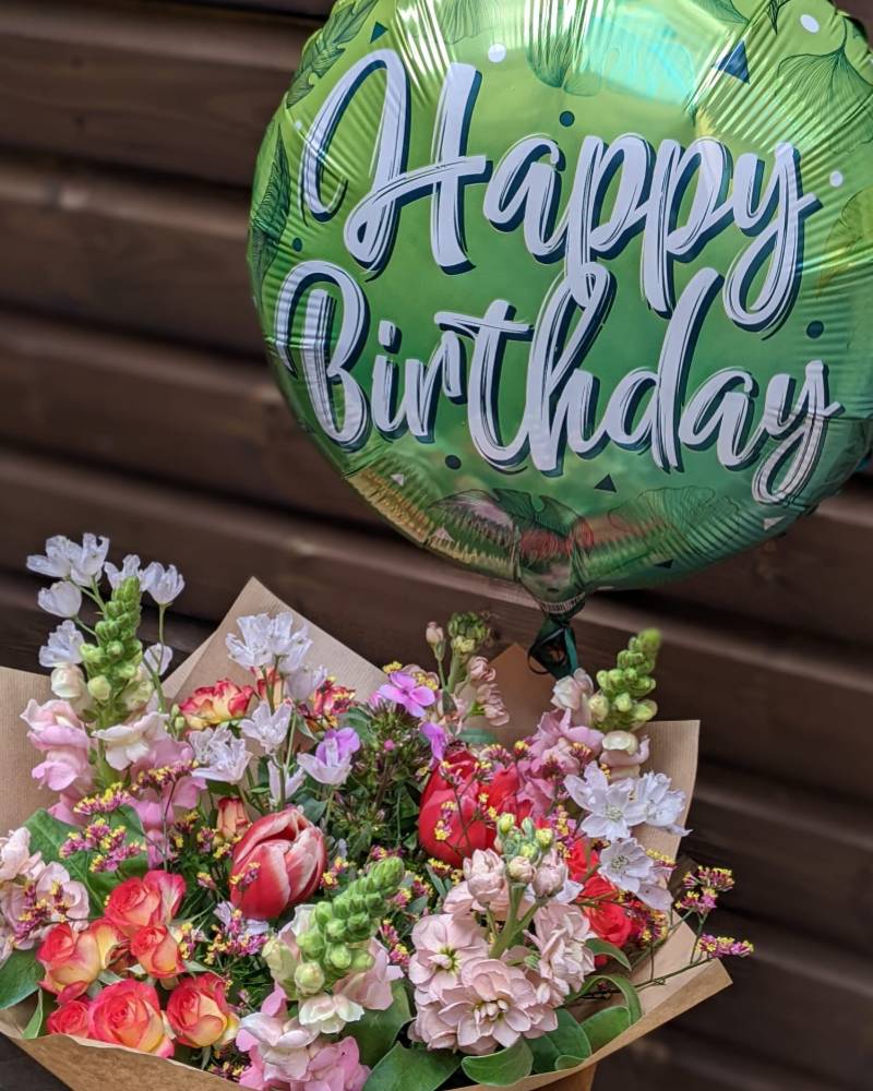 Birthday Bouquet with a Happy Birthday Balloon Bouquet