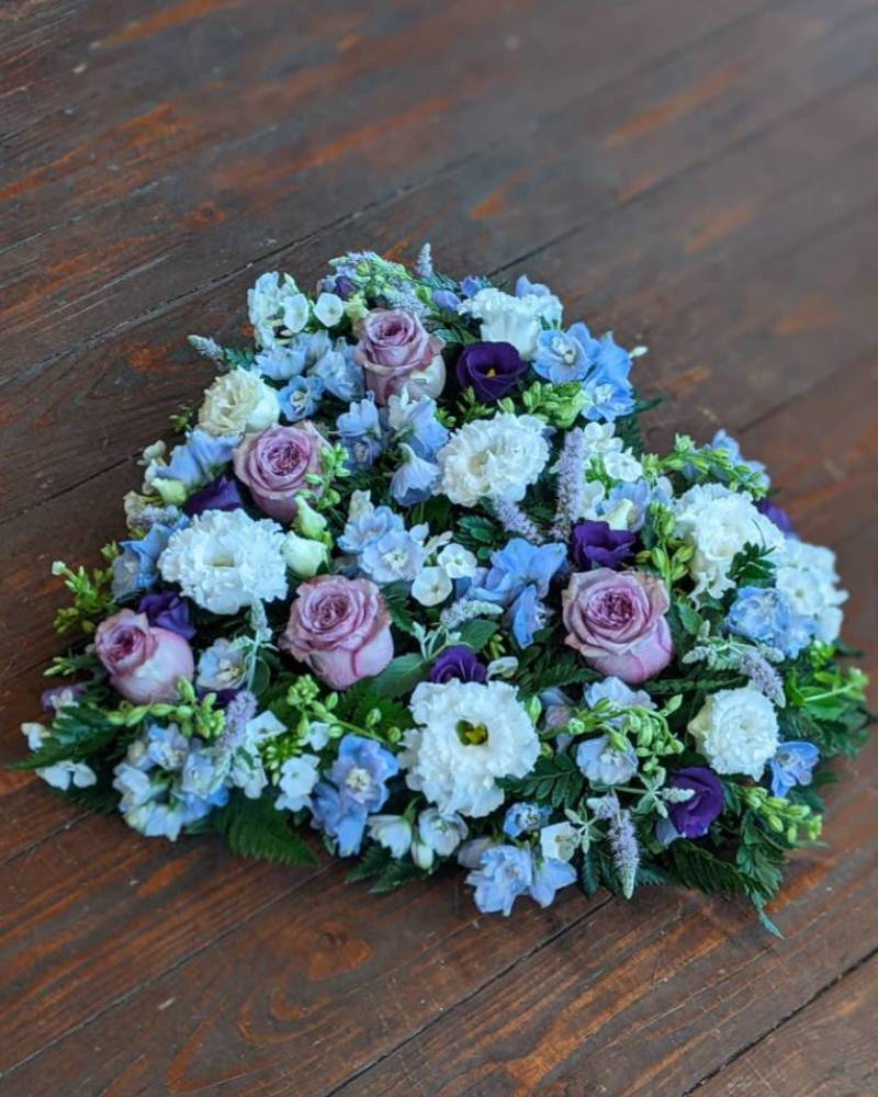 Purple and White Heart Funeral Arrangement