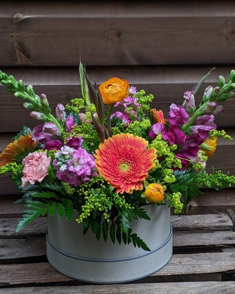 Bright Hatbox Flower Arrangement