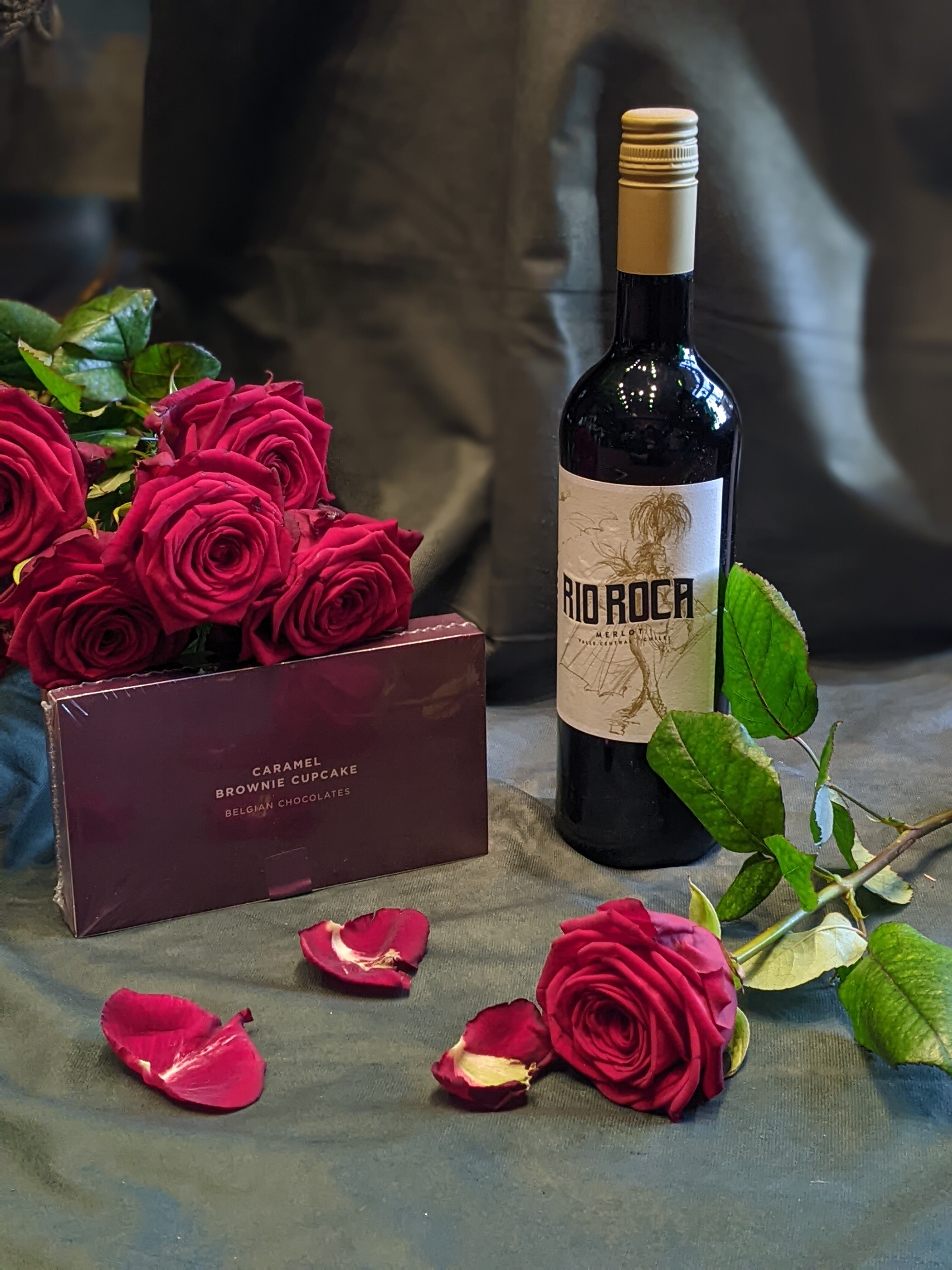 Single Red Rose with Wine & Chocolates Gifts