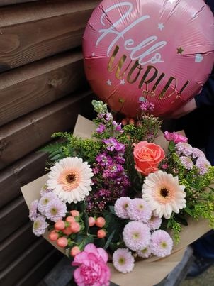 Pink Bouquet With Baby Girl Balloon Flower Arrangement