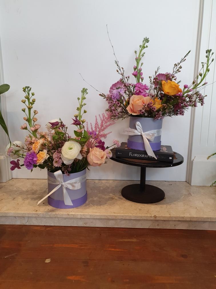 Lavender Love Hatbox Flower Arrangement