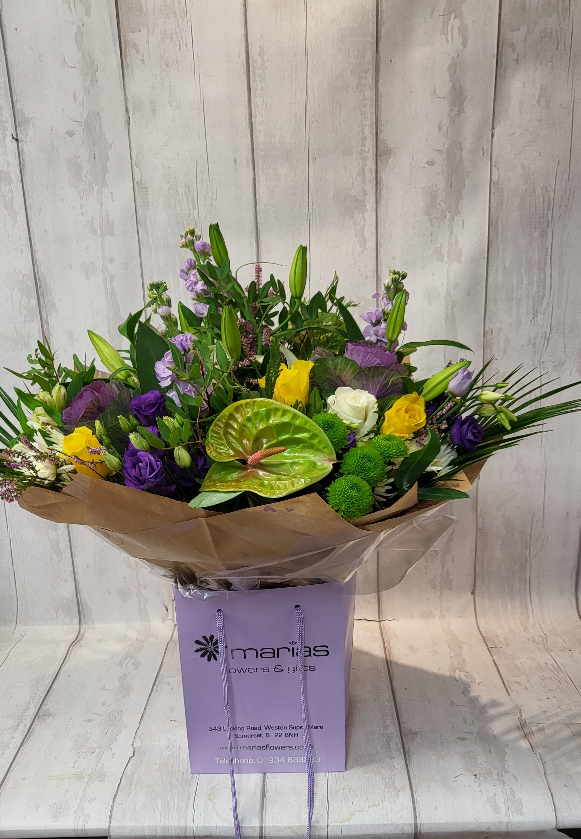 Luxury Florist Choice Purple/Lime/Yellow Flower Arrangement
