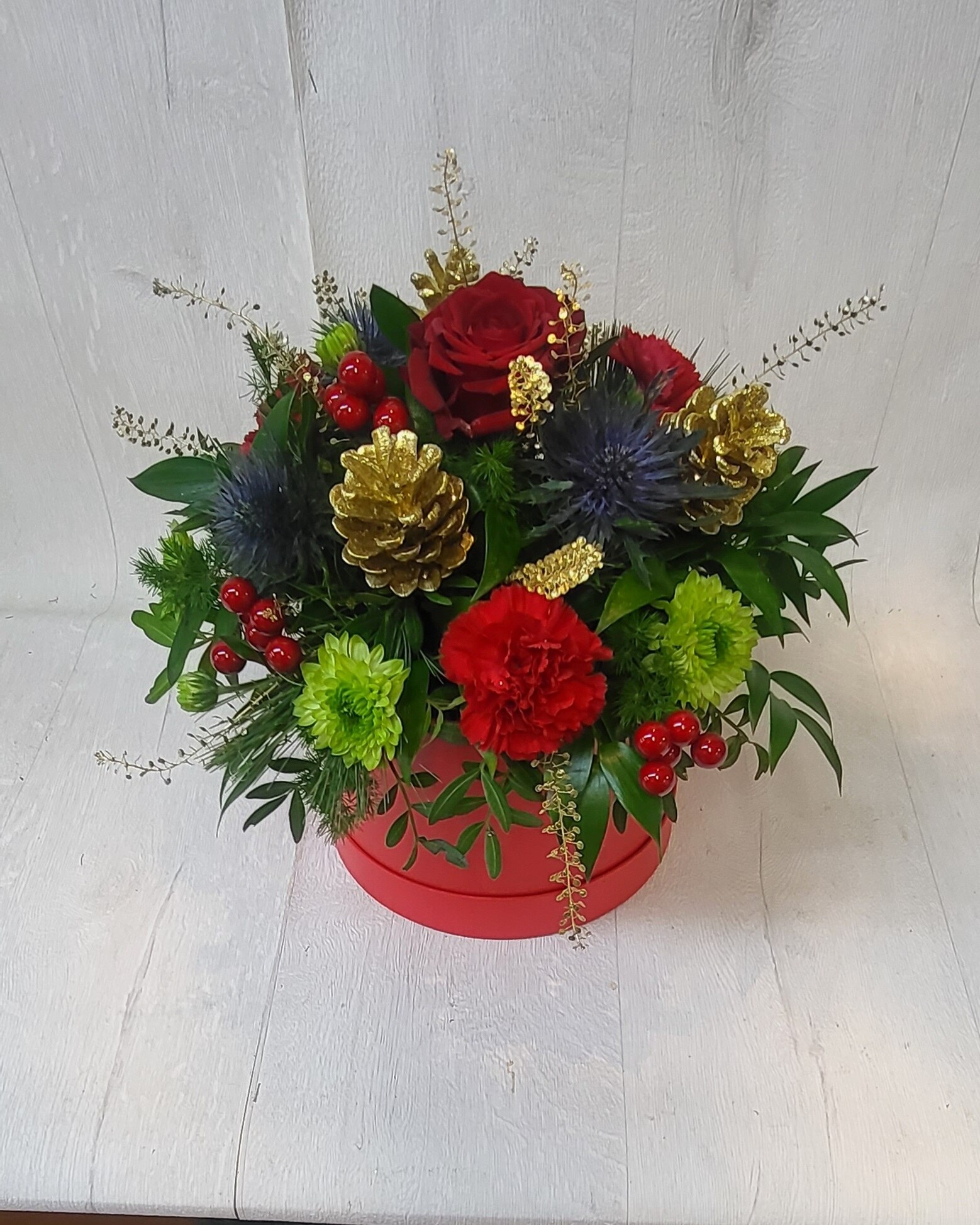 Festive Red Hatbox Flower Arrangement