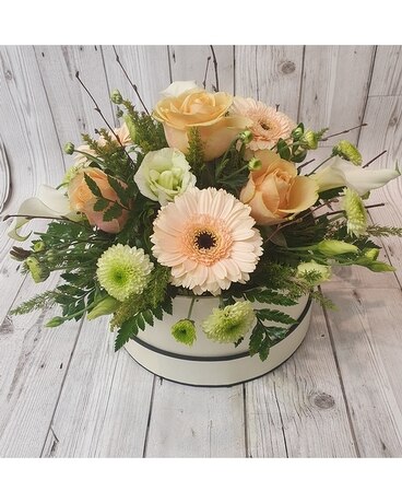 Florist Choice Hatbox Peach Flower Arrangement