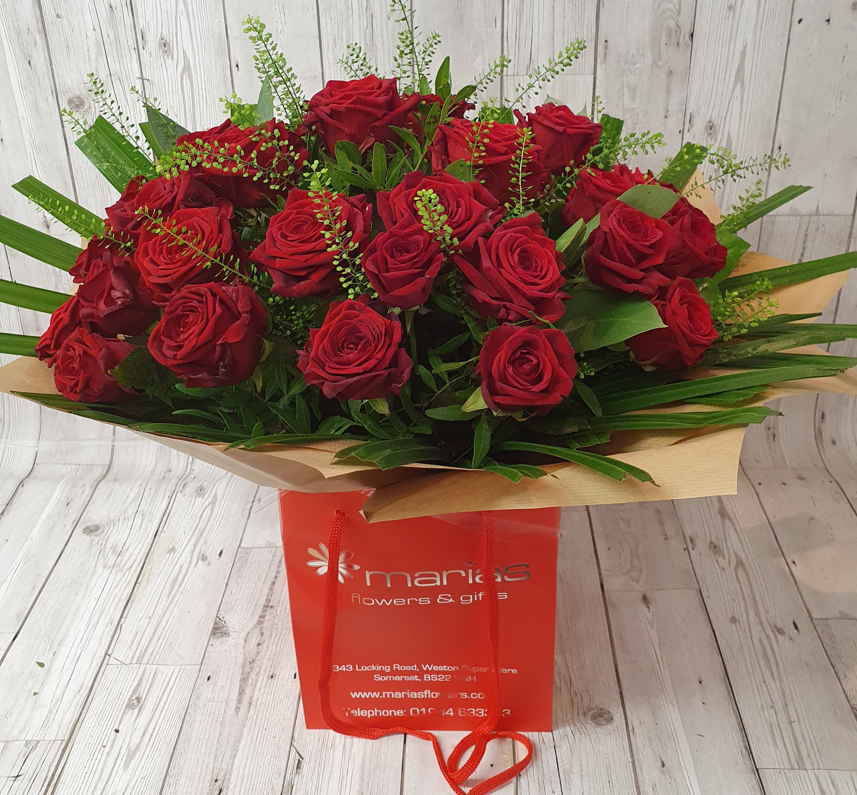 Two Dozen Luxury Red Rose Hand-Tied Flower Arrangement