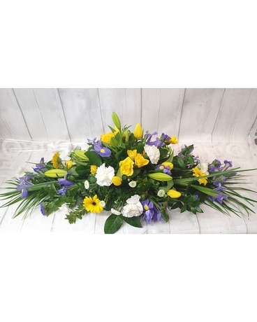 Florist Choice Coffin Spray Yellow, White & Purple Flower Arrangement
