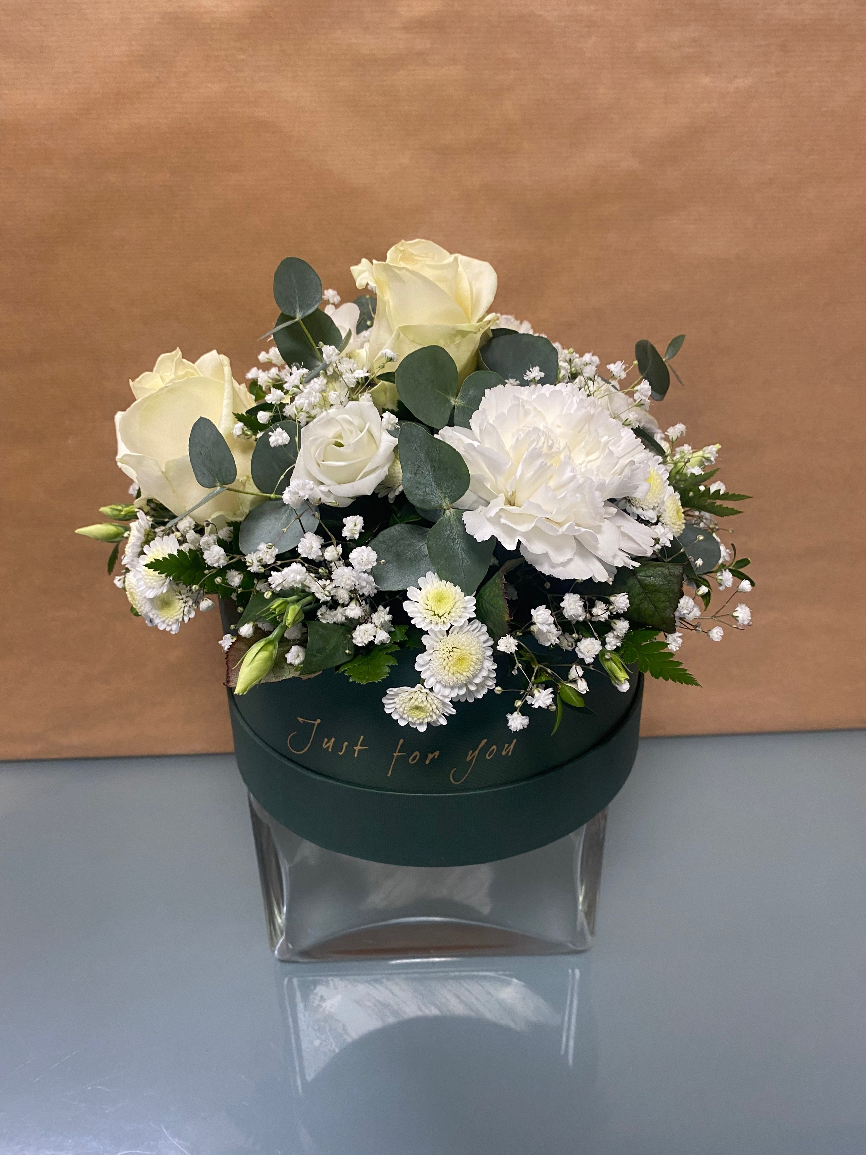 Moores Hat Box In Neutral Colours Flower Arrangement