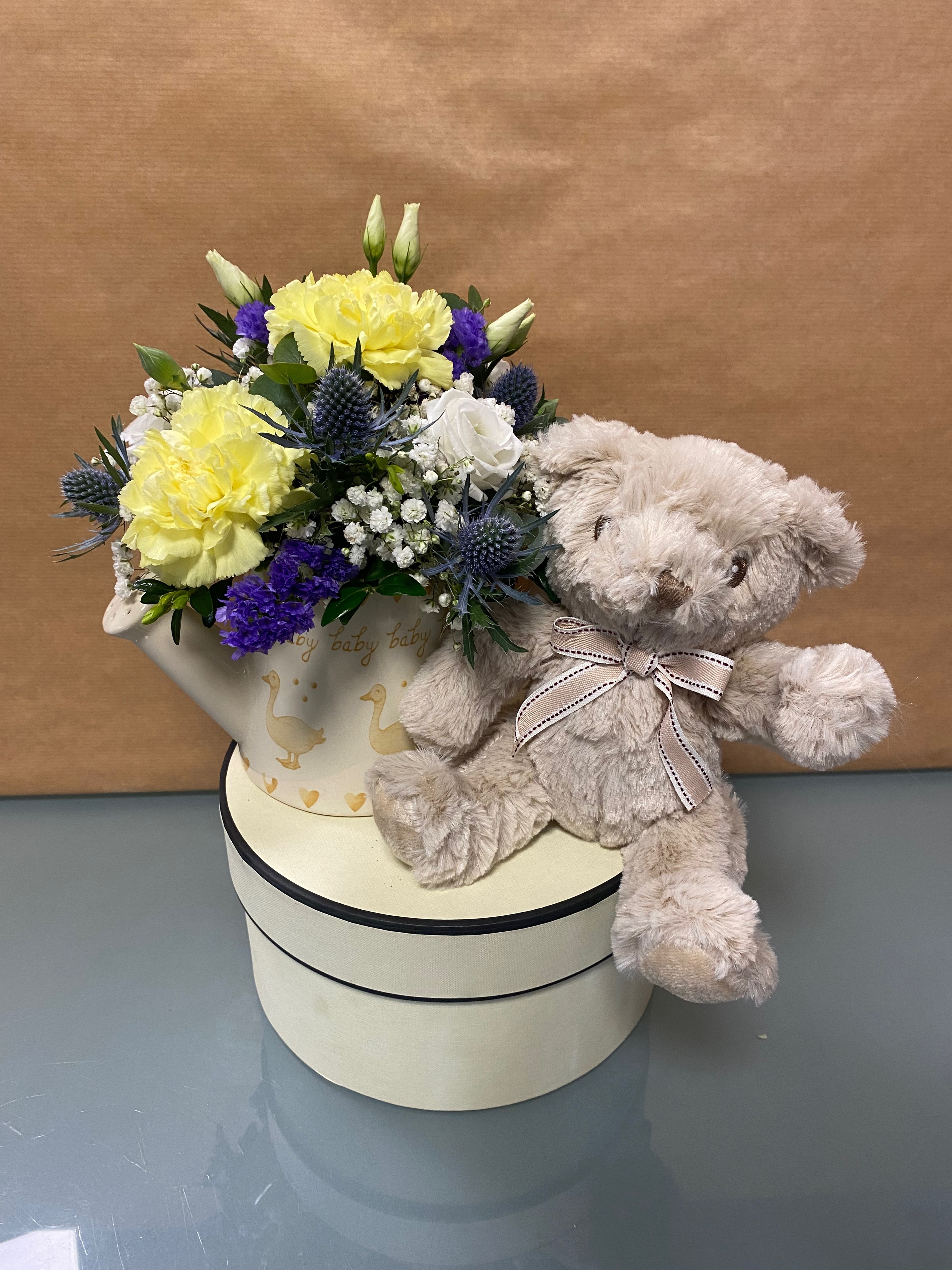 Moores Flowers Baby Birth Teddy Gift Set Flower Arrangement