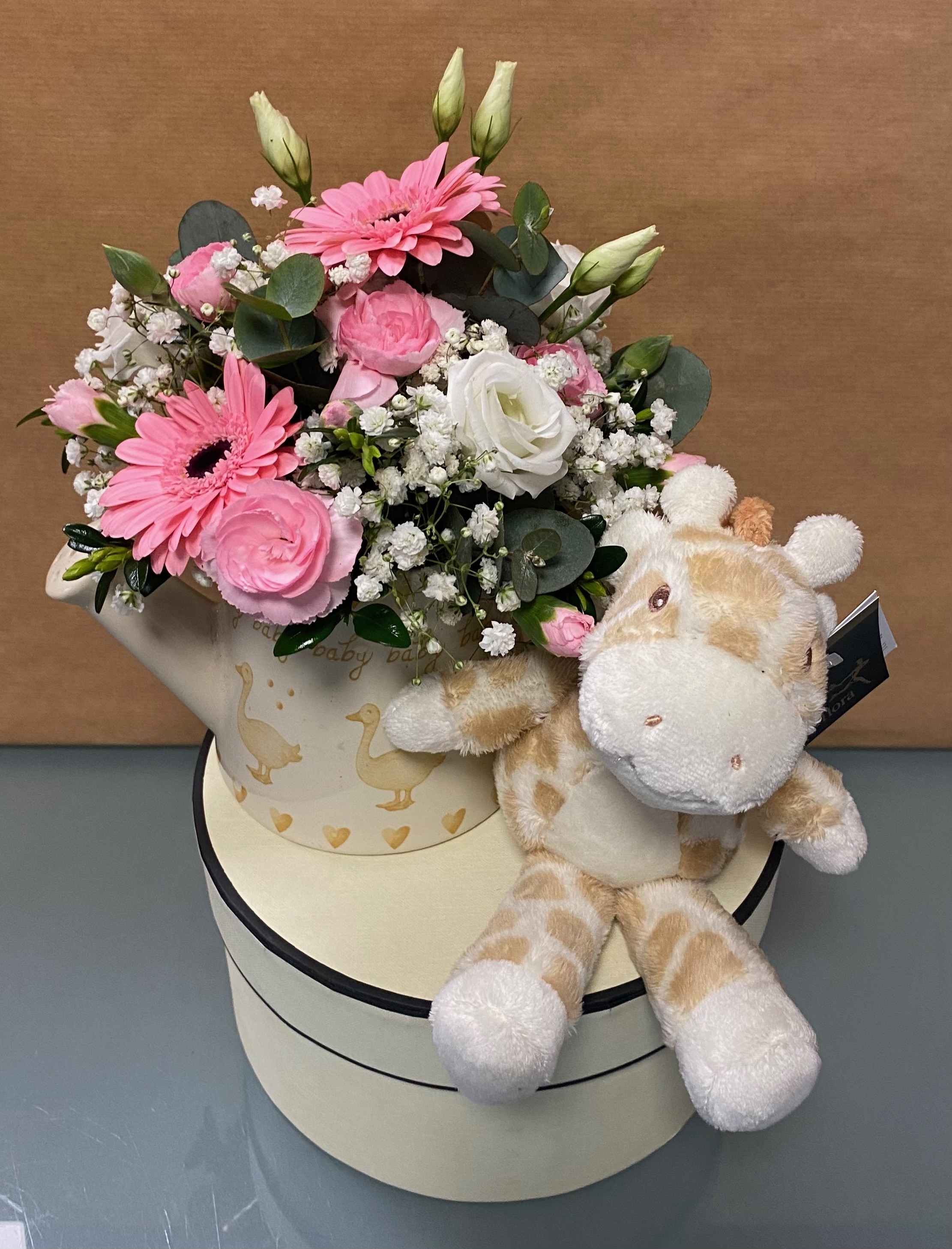 Moores Baby Birth Giraffe Gift Set-Pink Flower Arrangement