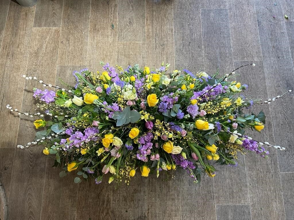 Lilac, Yellow and Cream Coffin Spray Funeral Arrangement