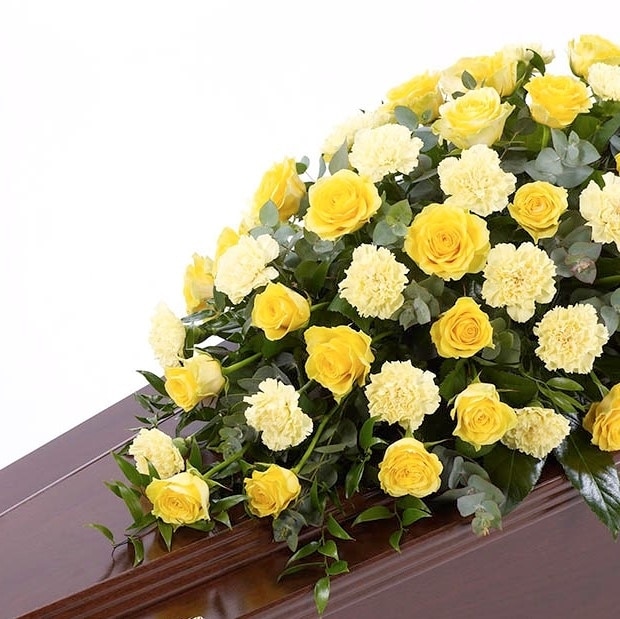 YELLOW Rose and Carnation Casket Spray Funeral Casket Spray Flowers