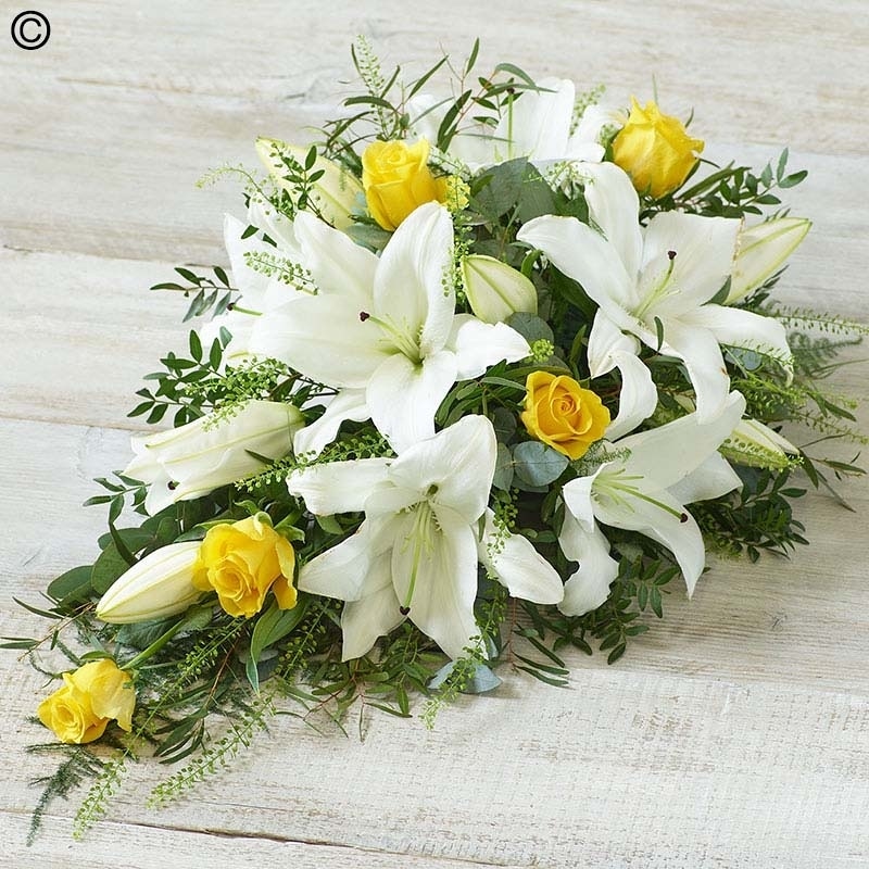 Yellow Rose and White Lily Spray Funeral Arrangement