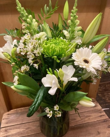 Pure Naturals Vase in Whites and Greens Flower Arrangement