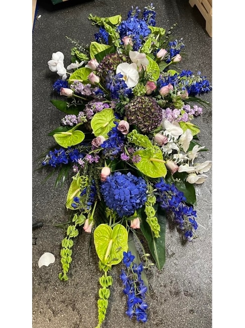 Blue and Green Coffin Spray Flower Arrangement