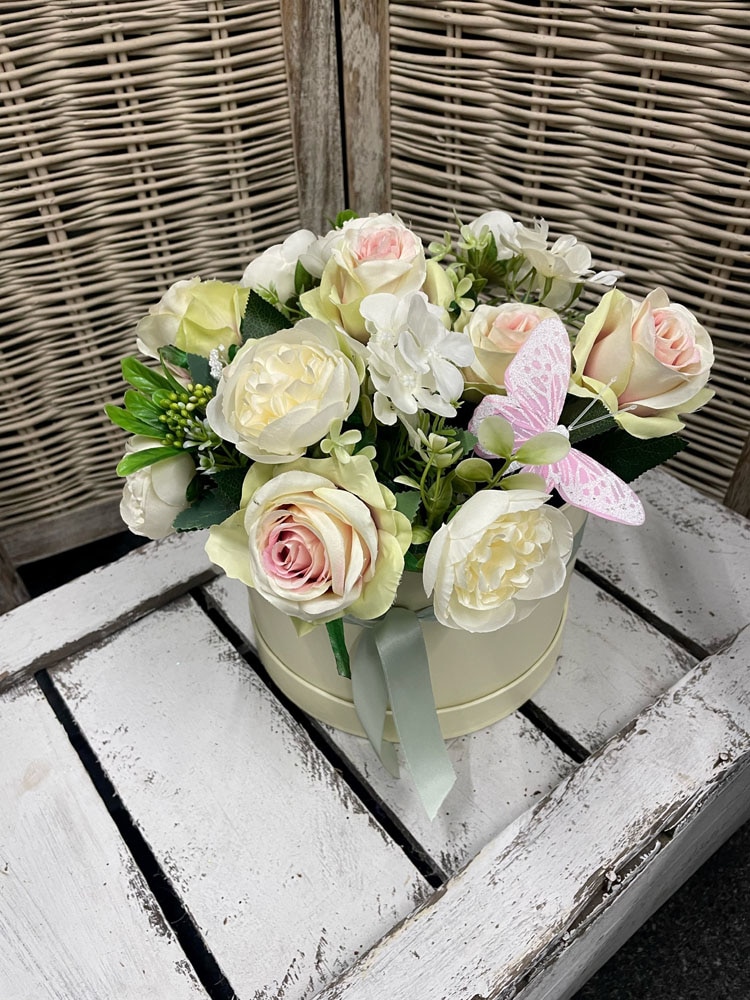 Faux Flower Hatbox Arrangement Flower Arrangement